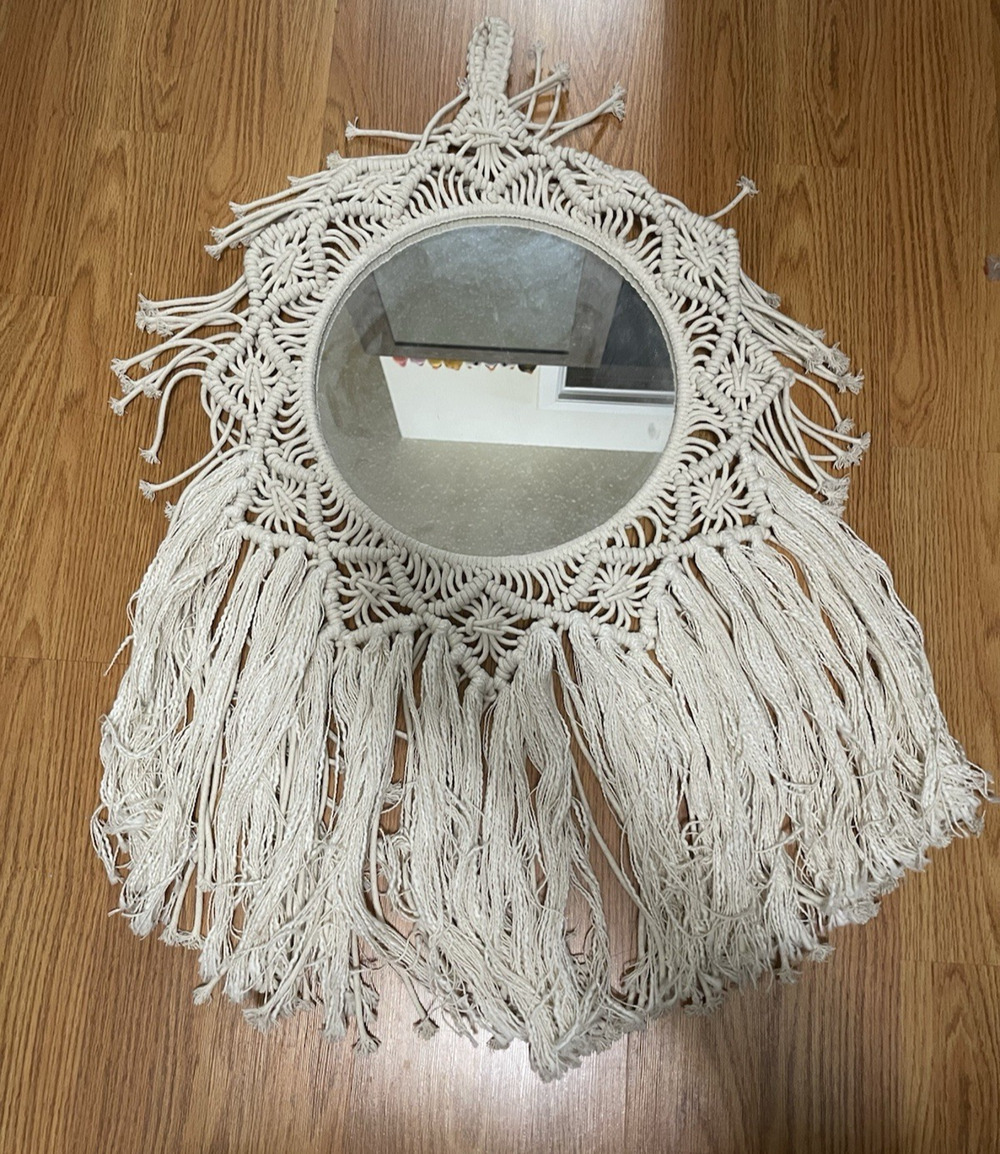 Ivory White crochet macrame boho hanging circular mirror decor